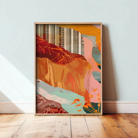 Abstract Canyon Art Print - Blush Pink Boho Landscape Poster - Pastel River Painting - Mint and Gold V8 1/3