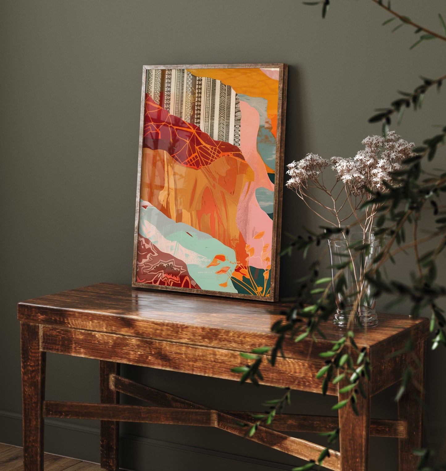 Abstract Canyon Art Print - Blush Pink Boho Landscape Poster - Pastel River Painting - Mint and Gold V8 1/3