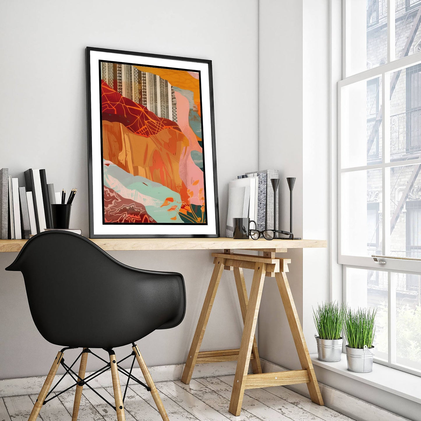 Abstract Canyon Art Print - Blush Pink Boho Landscape Poster - Pastel River Painting - Mint and Gold V8 1/3