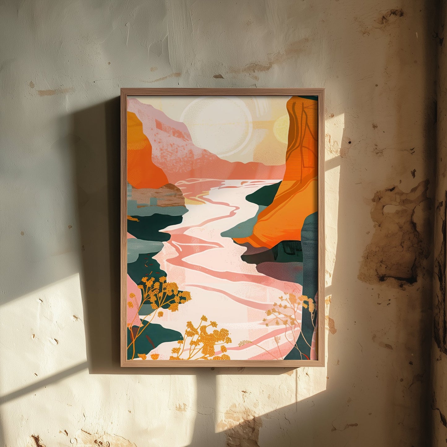Abstract Canyon Art Print - Blush Pink Boho Landscape Poster - Pastel River Painting - Pink River V8 2/3