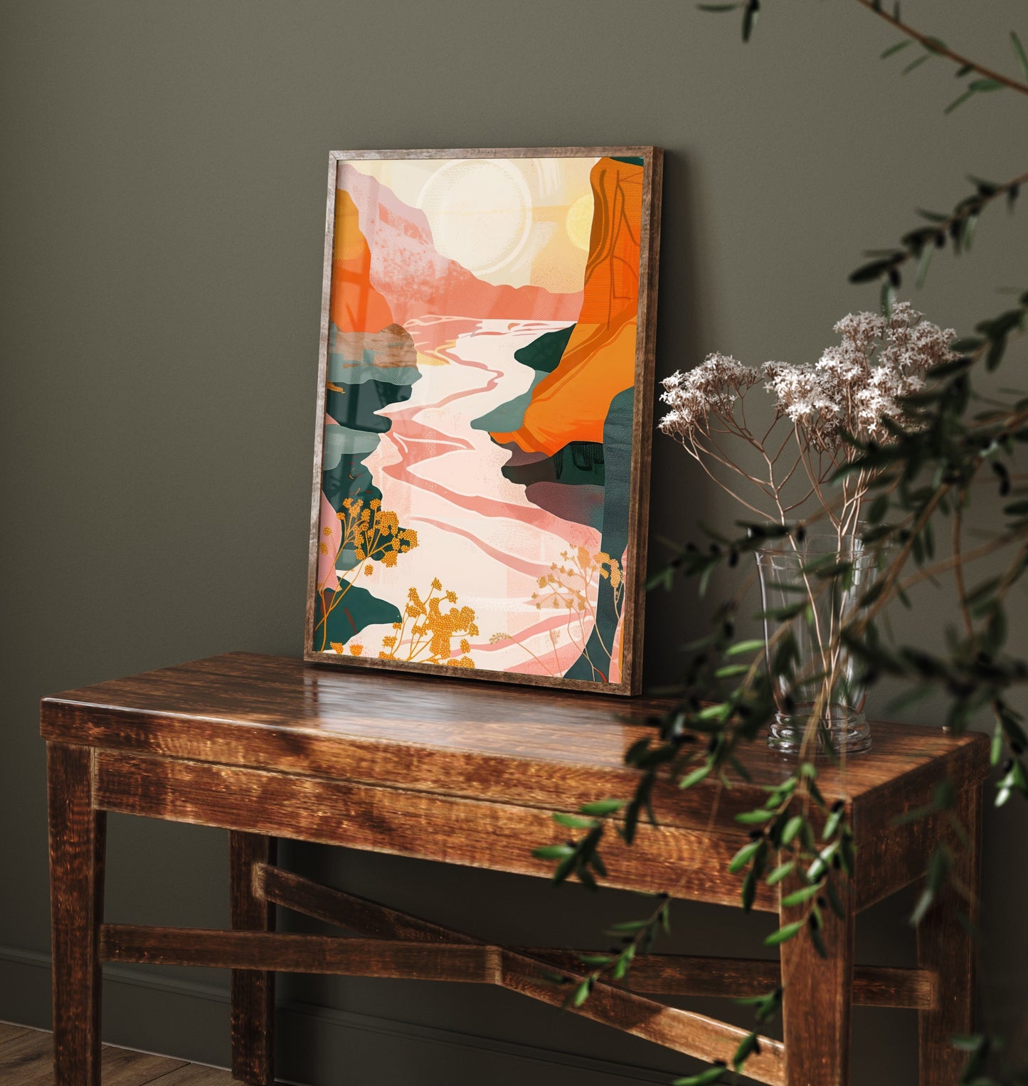 Abstract Canyon Art Print - Blush Pink Boho Landscape Poster - Pastel River Painting - Pink River V8 2/3