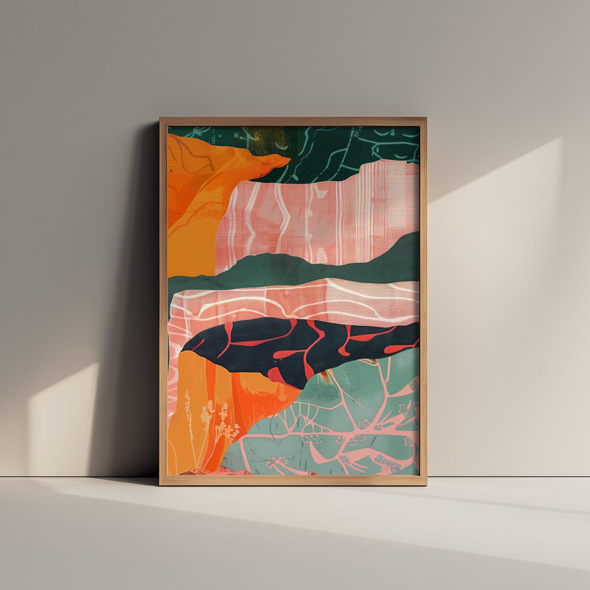 Abstract Canyon Art Print - Blush Pink Boho Landscape Poster - Pastel River Painting - Layered Cliffs V8 3/3