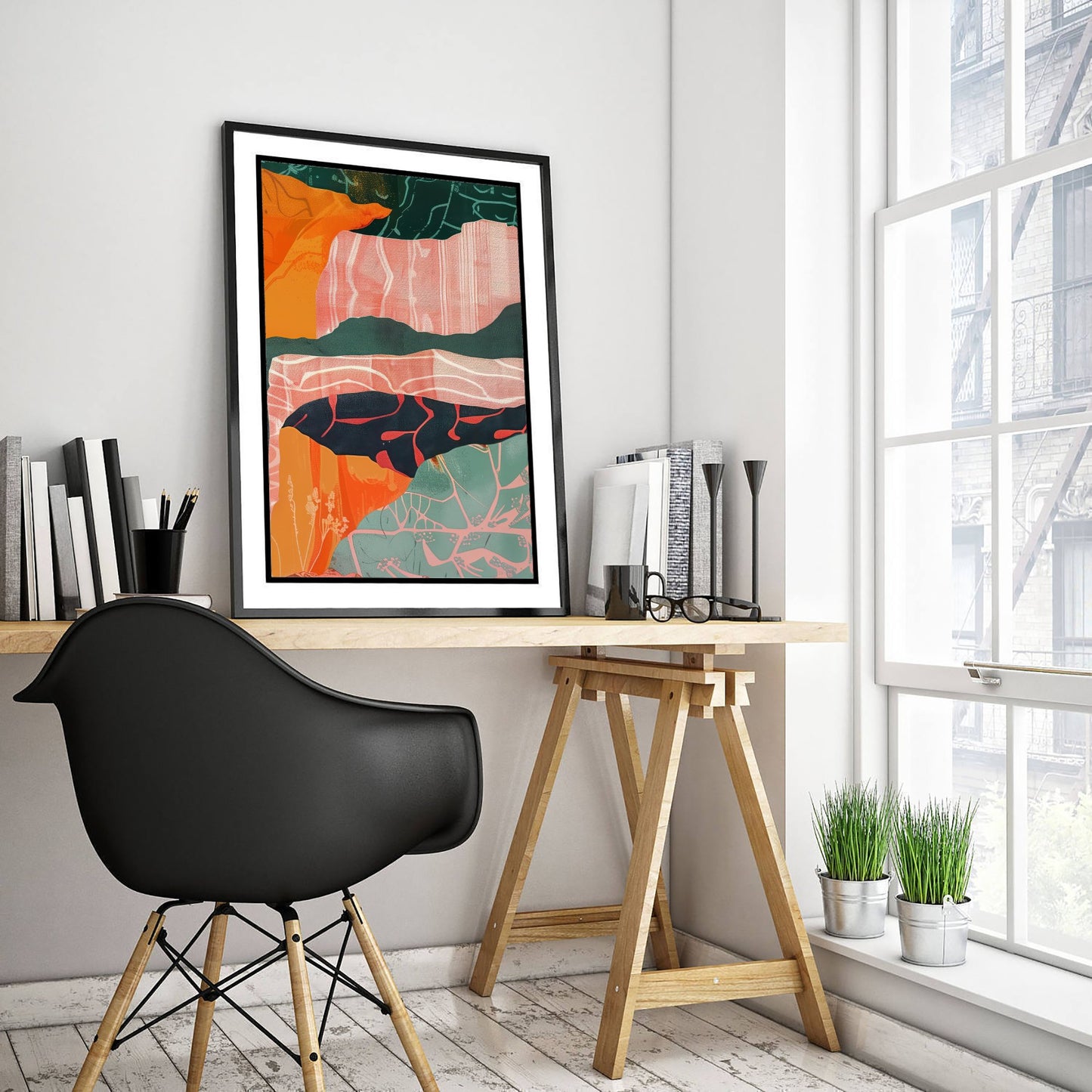 Abstract Canyon Art Print - Blush Pink Boho Landscape Poster - Pastel River Painting - Layered Cliffs V8 3/3