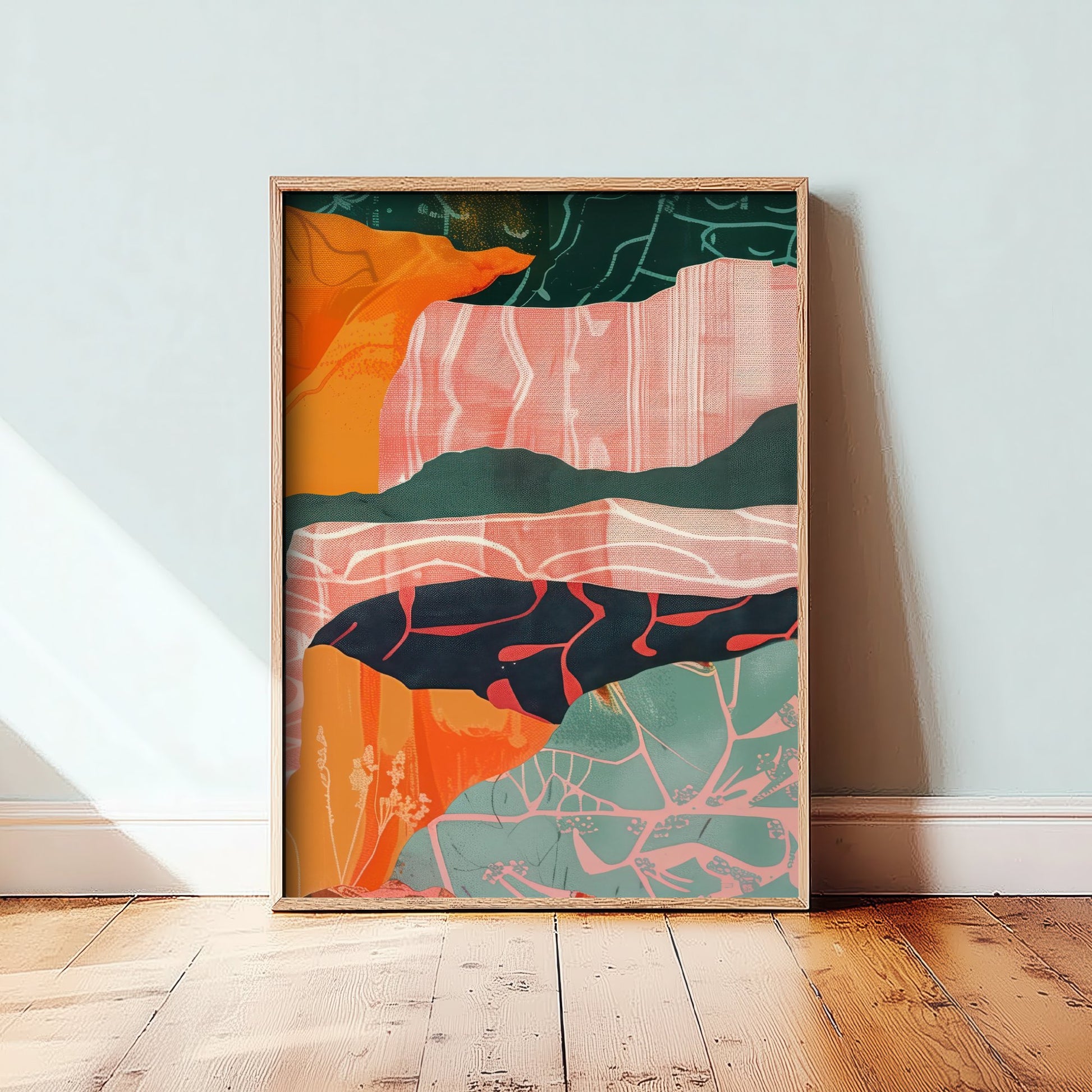 Abstract Canyon Art Print - Blush Pink Boho Landscape Poster - Pastel River Painting - Layered Cliffs V8 3/3