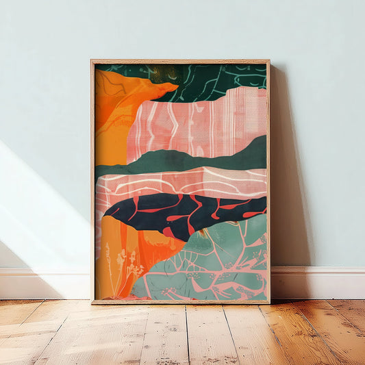 Abstract Canyon Art Print - Blush Pink Boho Landscape Poster - Pastel River Painting - Layered Cliffs V8 3/3