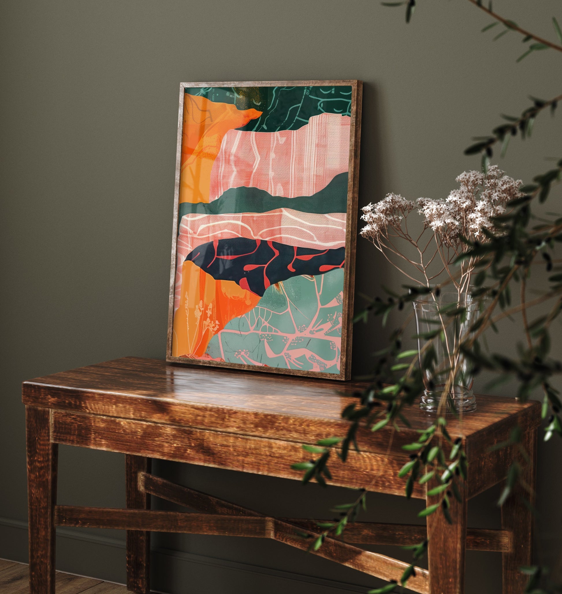 Abstract Canyon Art Print - Blush Pink Boho Landscape Poster - Pastel River Painting - Layered Cliffs V8 3/3