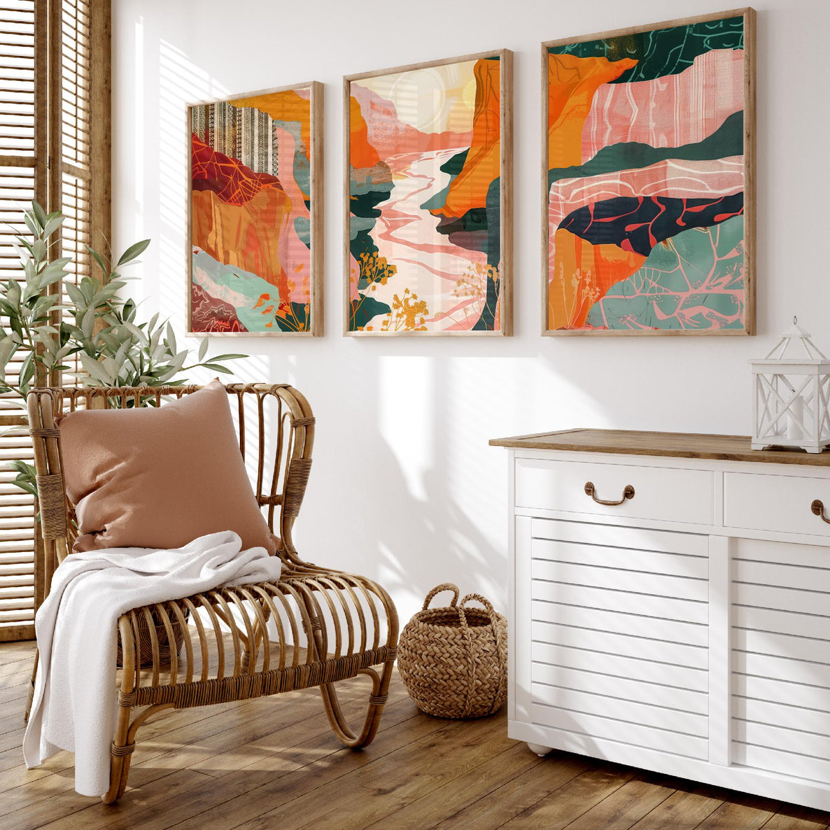 Conceptual Canyon Set of Three Art Prints V8 - Pink Terracotta Gorge - Boho Abstract Landscape Collage Illustration Poster Decor