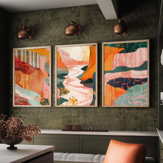 Conceptual Canyon Set of Three Art Prints V8 - Pink Terracotta Gorge - Boho Abstract Landscape Collage Illustration Poster Decor