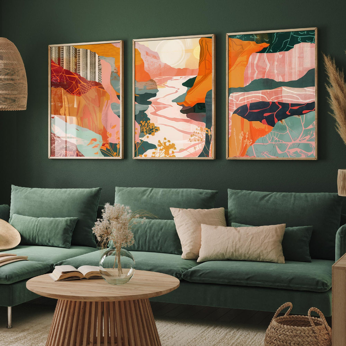 Conceptual Canyon Set of Three Art Prints V8 - Pink Terracotta Gorge - Boho Abstract Landscape Collage Illustration Poster Decor
