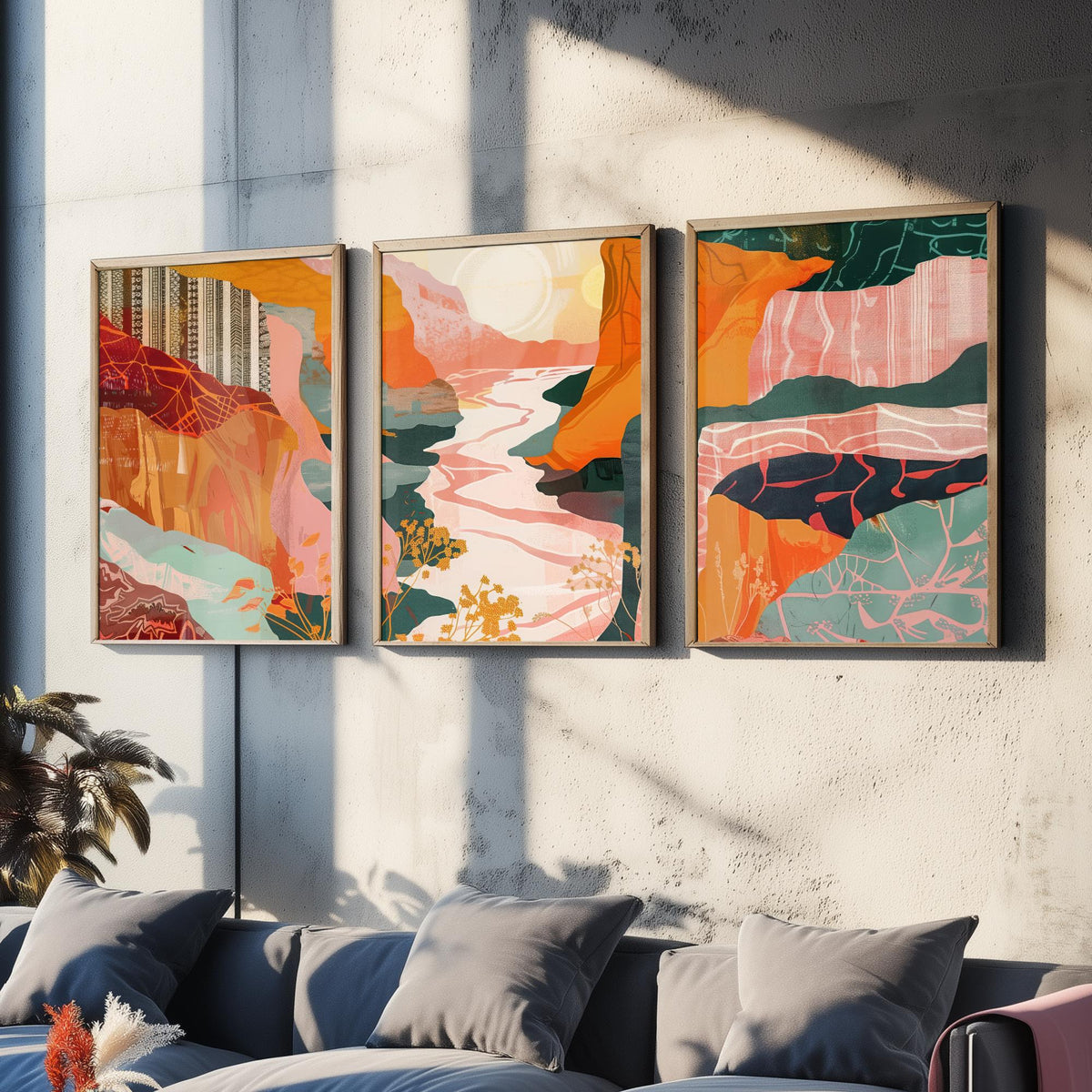 Conceptual Canyon Set of Three Art Prints V8 - Pink Terracotta Gorge - Boho Abstract Landscape Collage Illustration Poster Decor