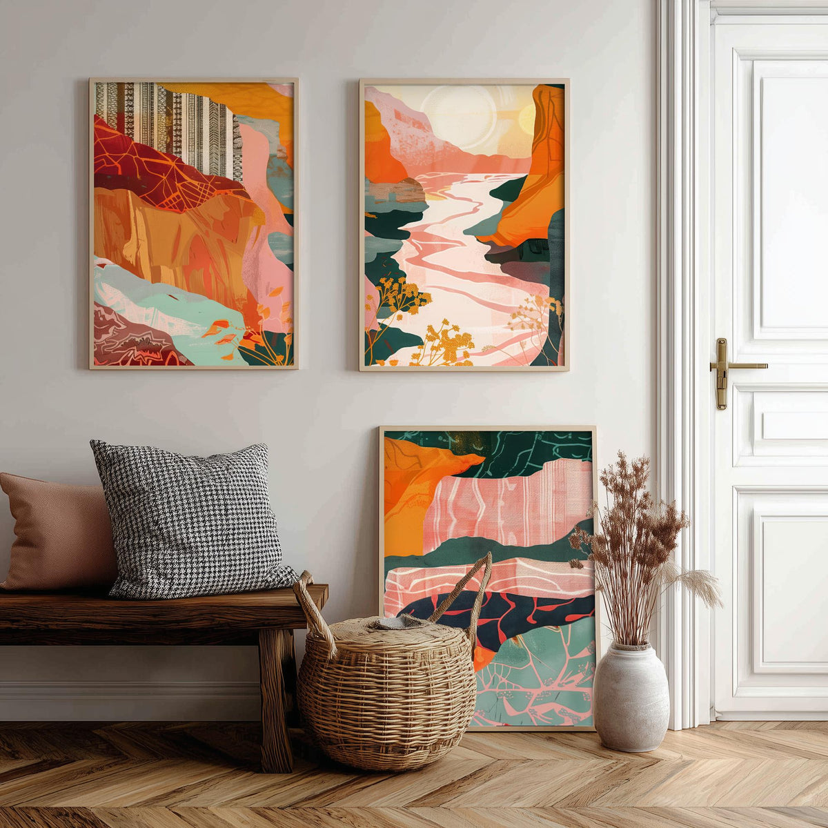 Conceptual Canyon Set of Three Art Prints V8 - Pink Terracotta Gorge - Boho Abstract Landscape Collage Illustration Poster Decor