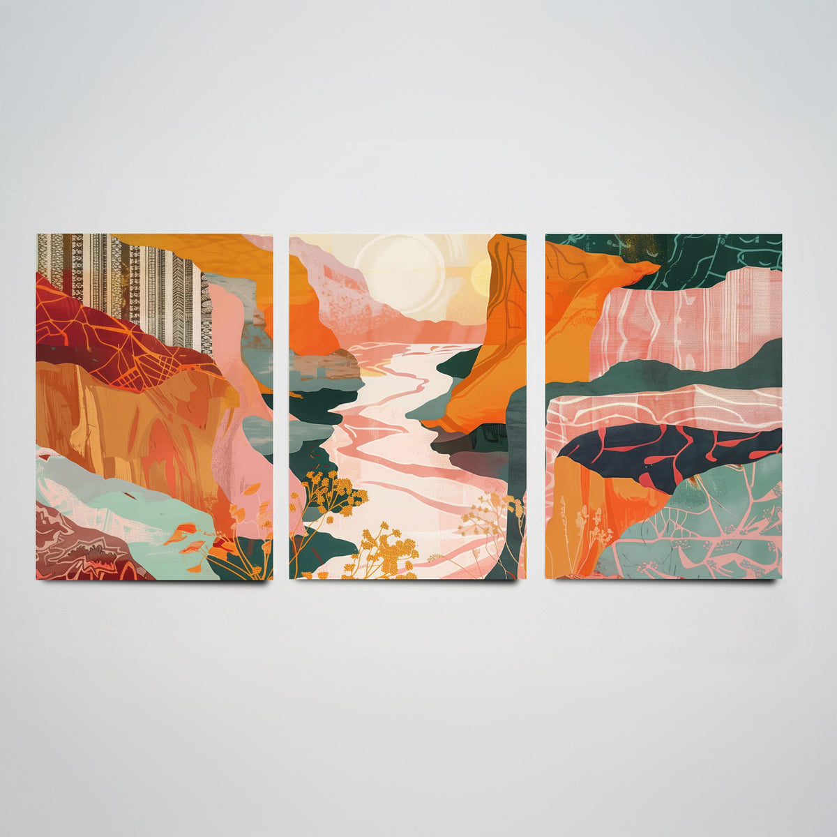 Conceptual Canyon Set of Three Art Prints V8 - Pink Terracotta Gorge - Boho Abstract Landscape Collage Illustration Poster Decor