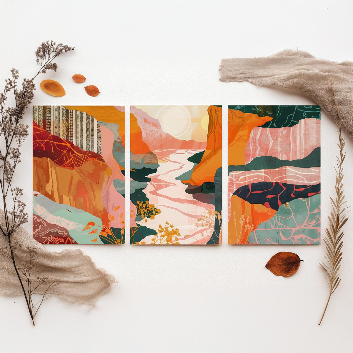 Conceptual Canyon Set of Three Art Prints V8 - Pink Terracotta Gorge - Boho Abstract Landscape Collage Illustration Poster Decor
