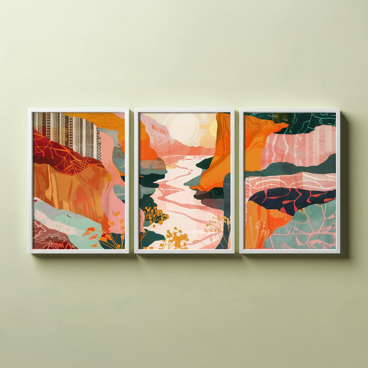 Conceptual Canyon Set of Three Art Prints V8 - Pink Terracotta Gorge - Boho Abstract Landscape Collage Illustration Poster Decor