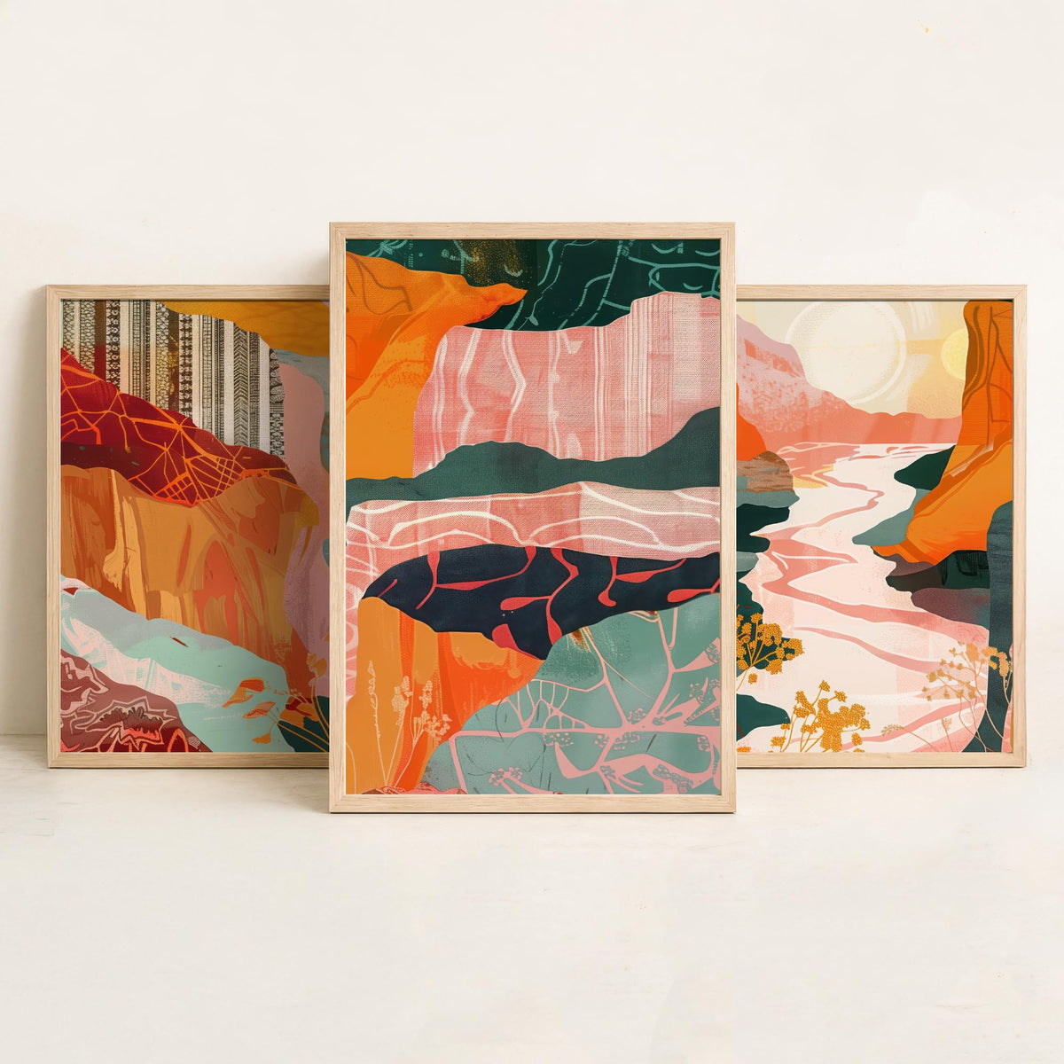 Conceptual Canyon Set of Three Art Prints V8 - Pink Terracotta Gorge - Boho Abstract Landscape Collage Illustration Poster Decor