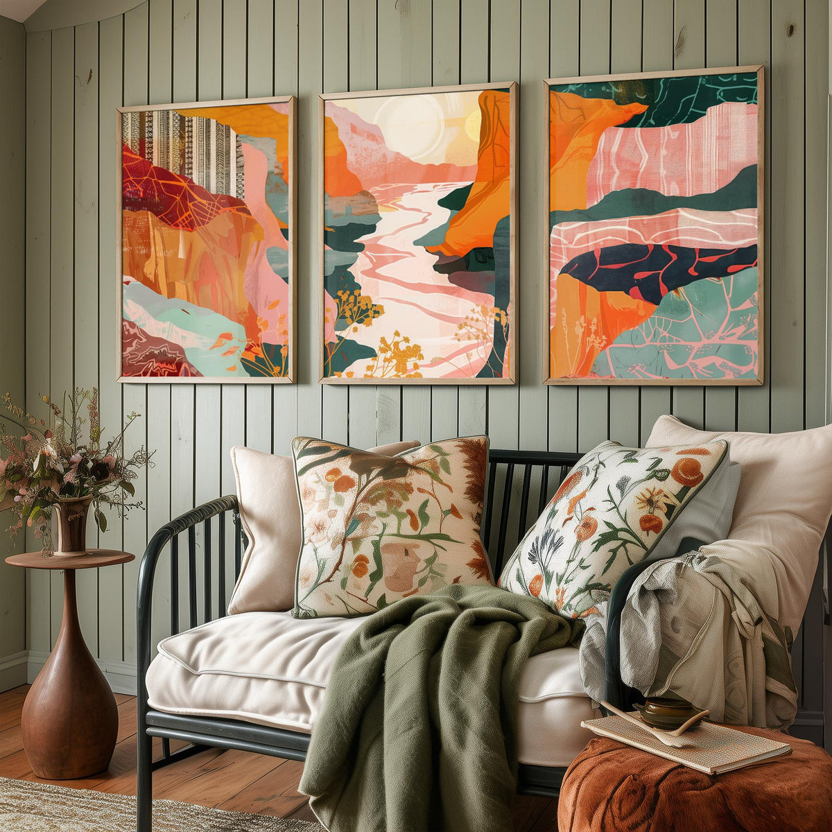 Conceptual Canyon Set of Three Art Prints V8 - Pink Terracotta Gorge - Boho Abstract Landscape Collage Illustration Poster Decor