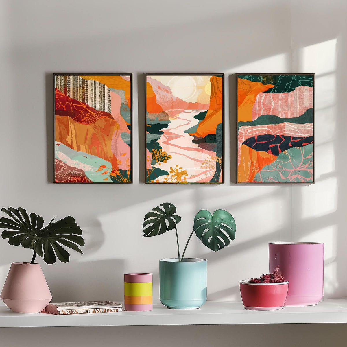 Conceptual Canyon Set of Three Art Prints V8 - Pink Terracotta Gorge - Boho Abstract Landscape Collage Illustration Poster Decor
