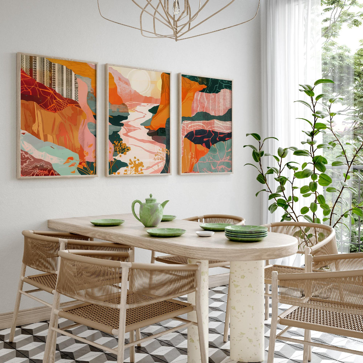 Conceptual Canyon Set of Three Art Prints V8 - Pink Terracotta Gorge - Boho Abstract Landscape Collage Illustration Poster Decor
