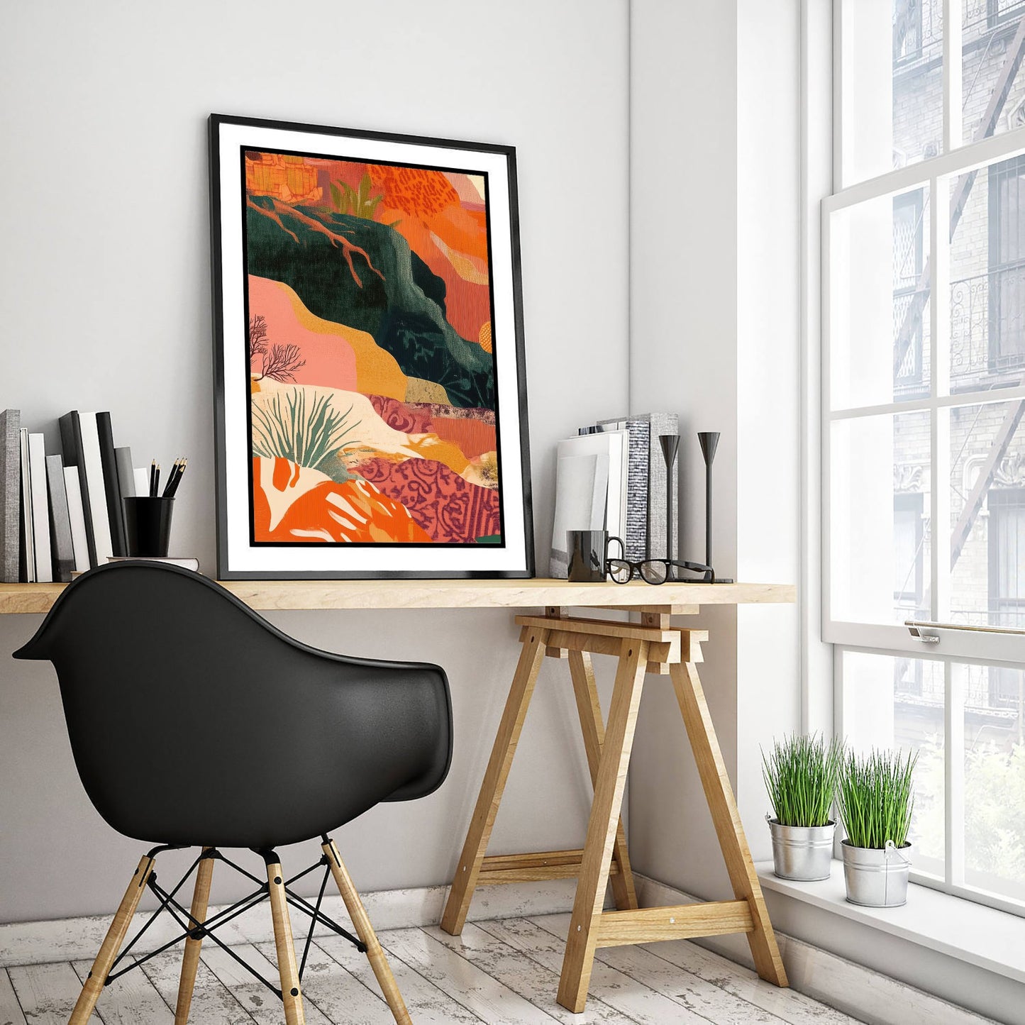 Abstract Mountain Art Print - Emerald Green Boho Landscape Poster - Mid Century Sun Painting - Green River V9 1/3