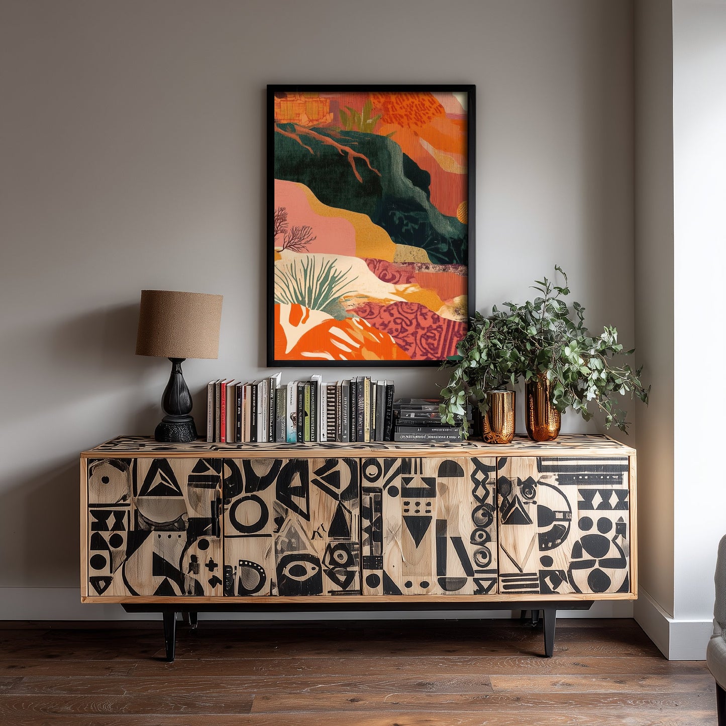 Abstract Mountain Art Print - Emerald Green Boho Landscape Poster - Mid Century Sun Painting - Green River V9 1/3