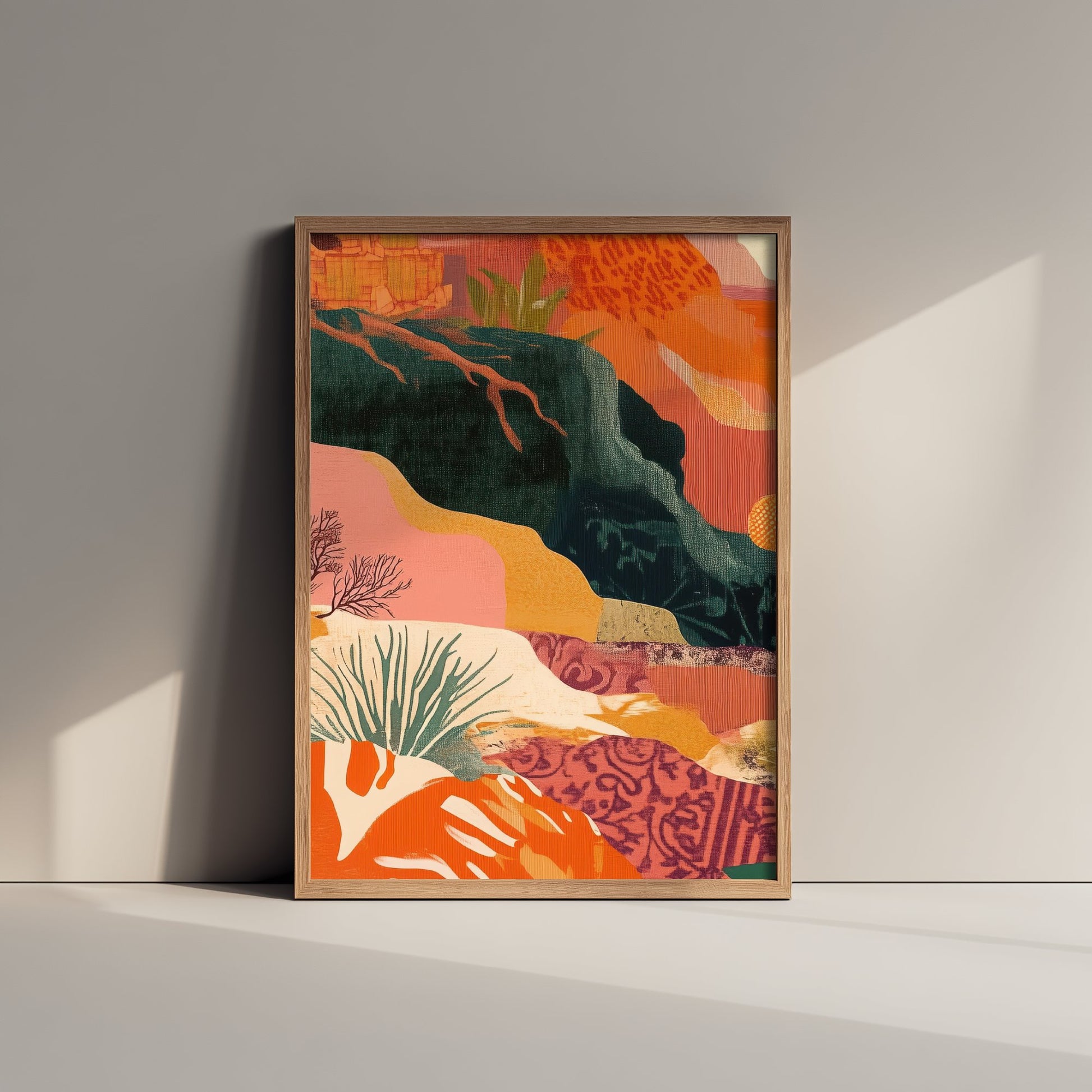 Abstract Mountain Art Print - Emerald Green Boho Landscape Poster - Mid Century Sun Painting - Green River V9 1/3