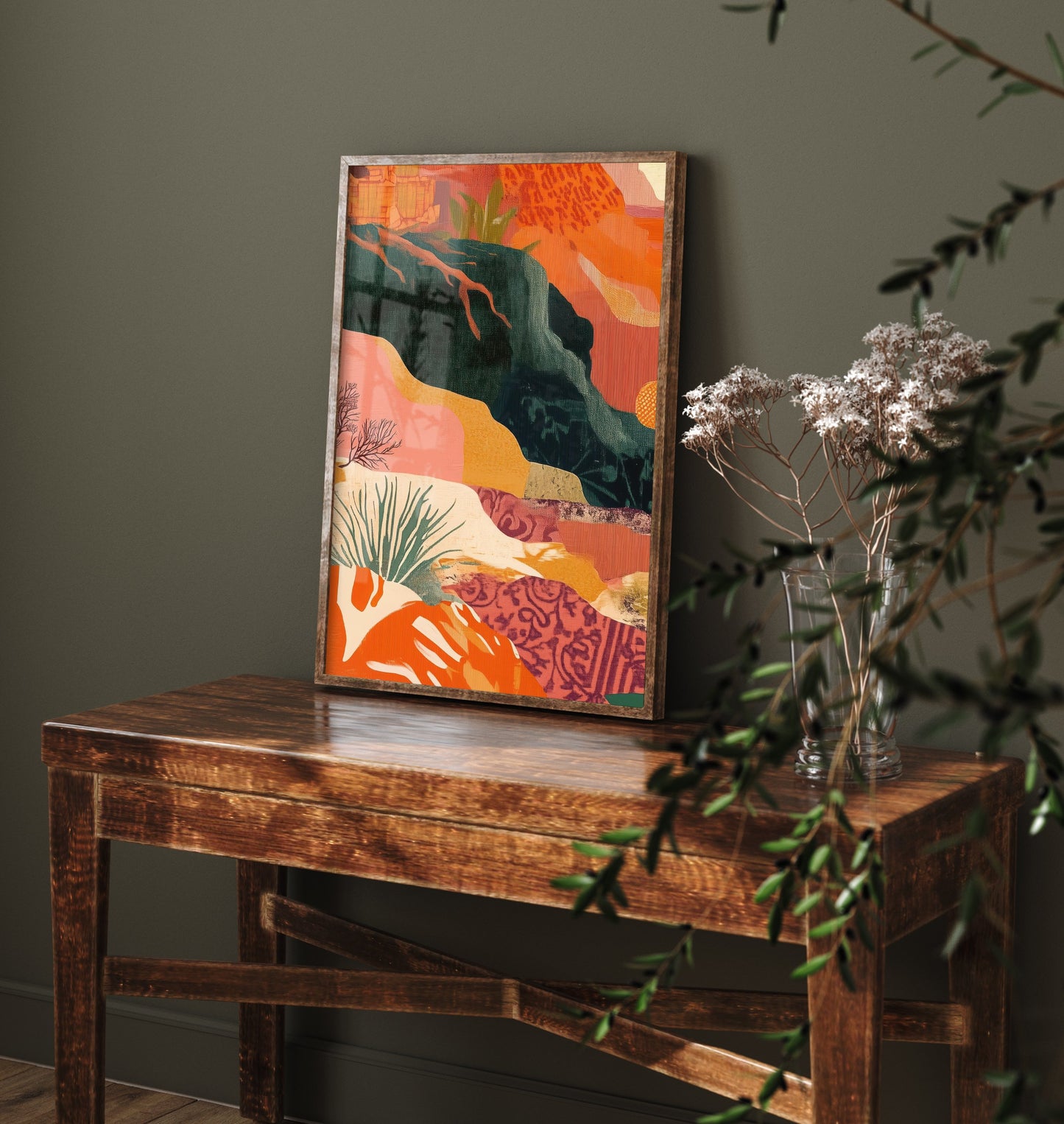 Abstract Mountain Art Print - Emerald Green Boho Landscape Poster - Mid Century Sun Painting - Green River V9 1/3