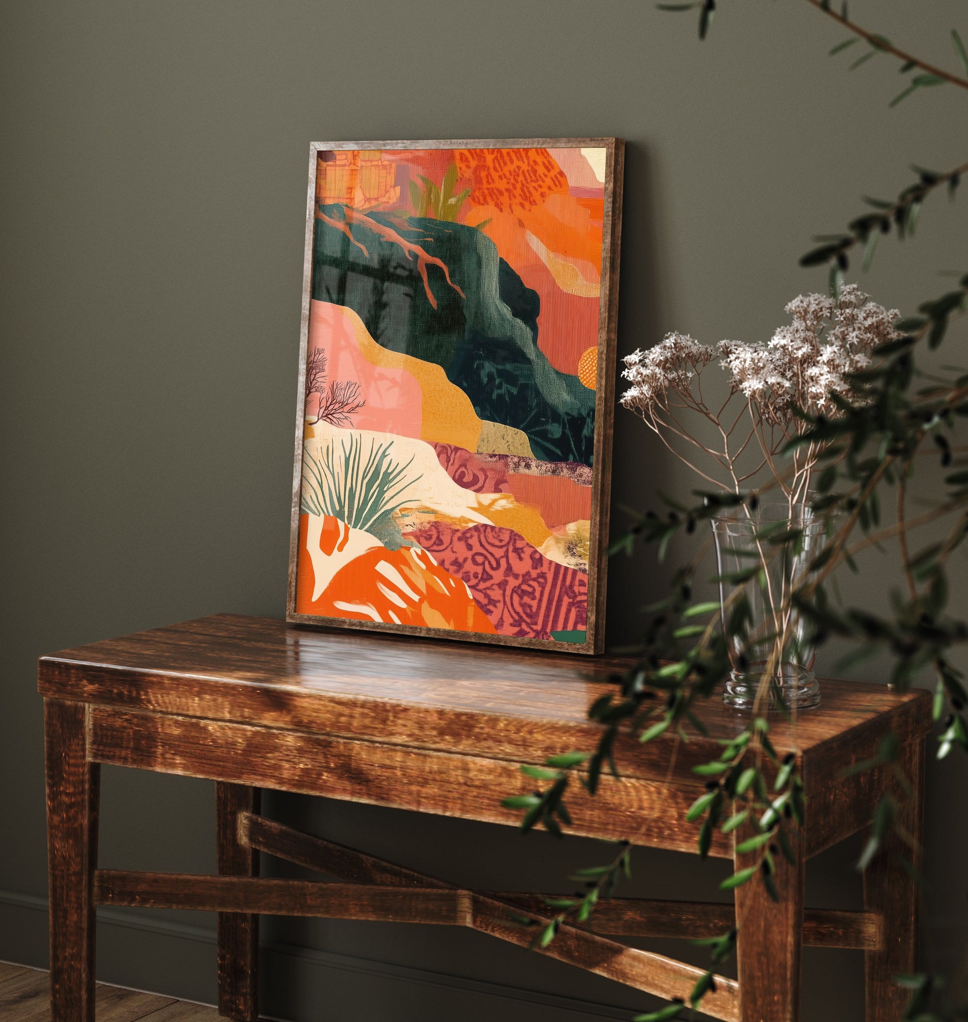 Abstract Mountain Art Print - Emerald Green Boho Landscape Poster - Mid Century Sun Painting - Green River V9 1/3
