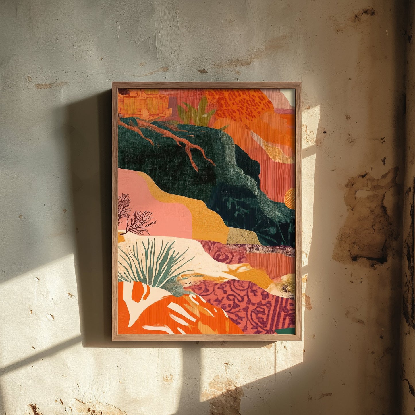 Abstract Mountain Art Print - Emerald Green Boho Landscape Poster - Mid Century Sun Painting - Green River V9 1/3