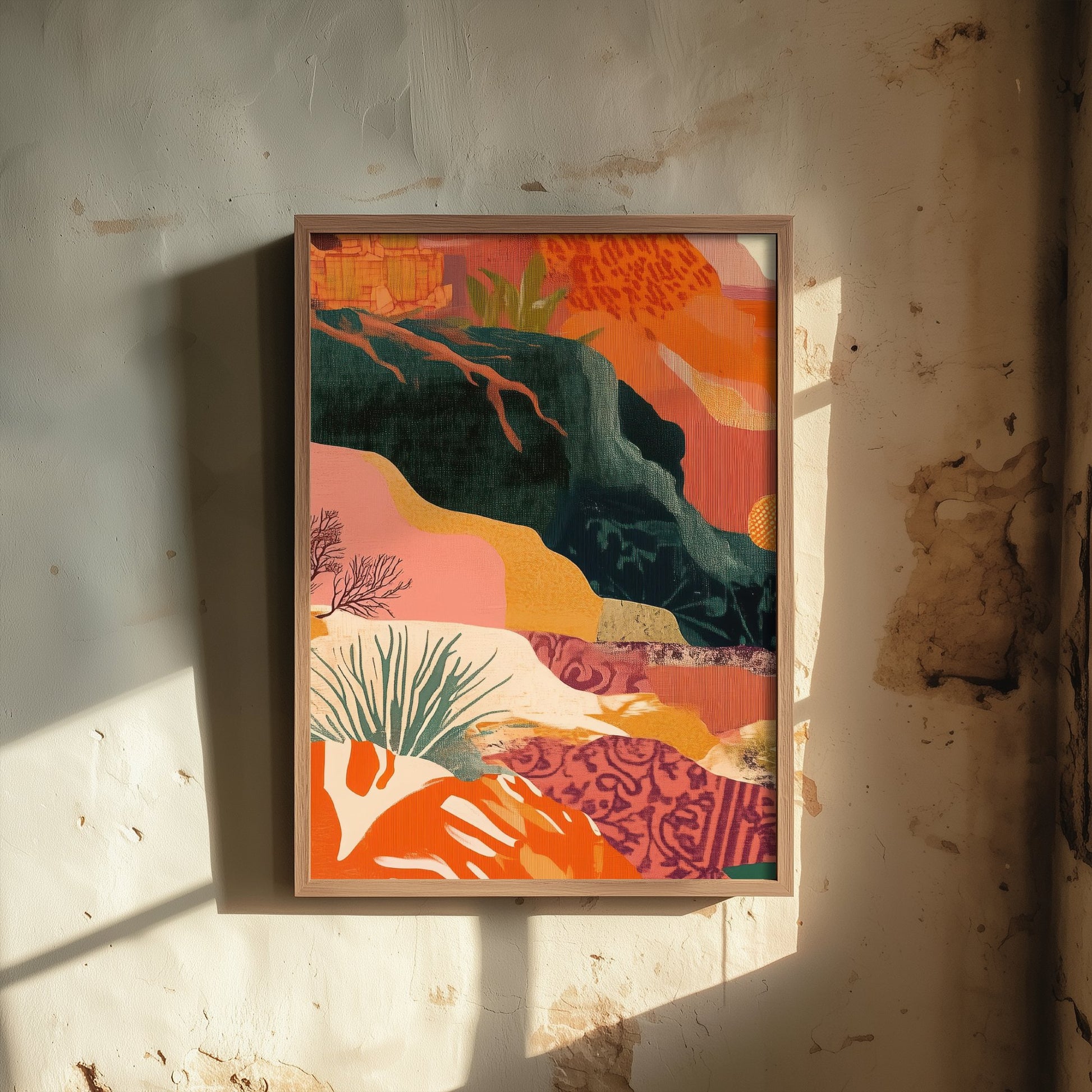Abstract Mountain Art Print - Emerald Green Boho Landscape Poster - Mid Century Sun Painting - Green River V9 1/3