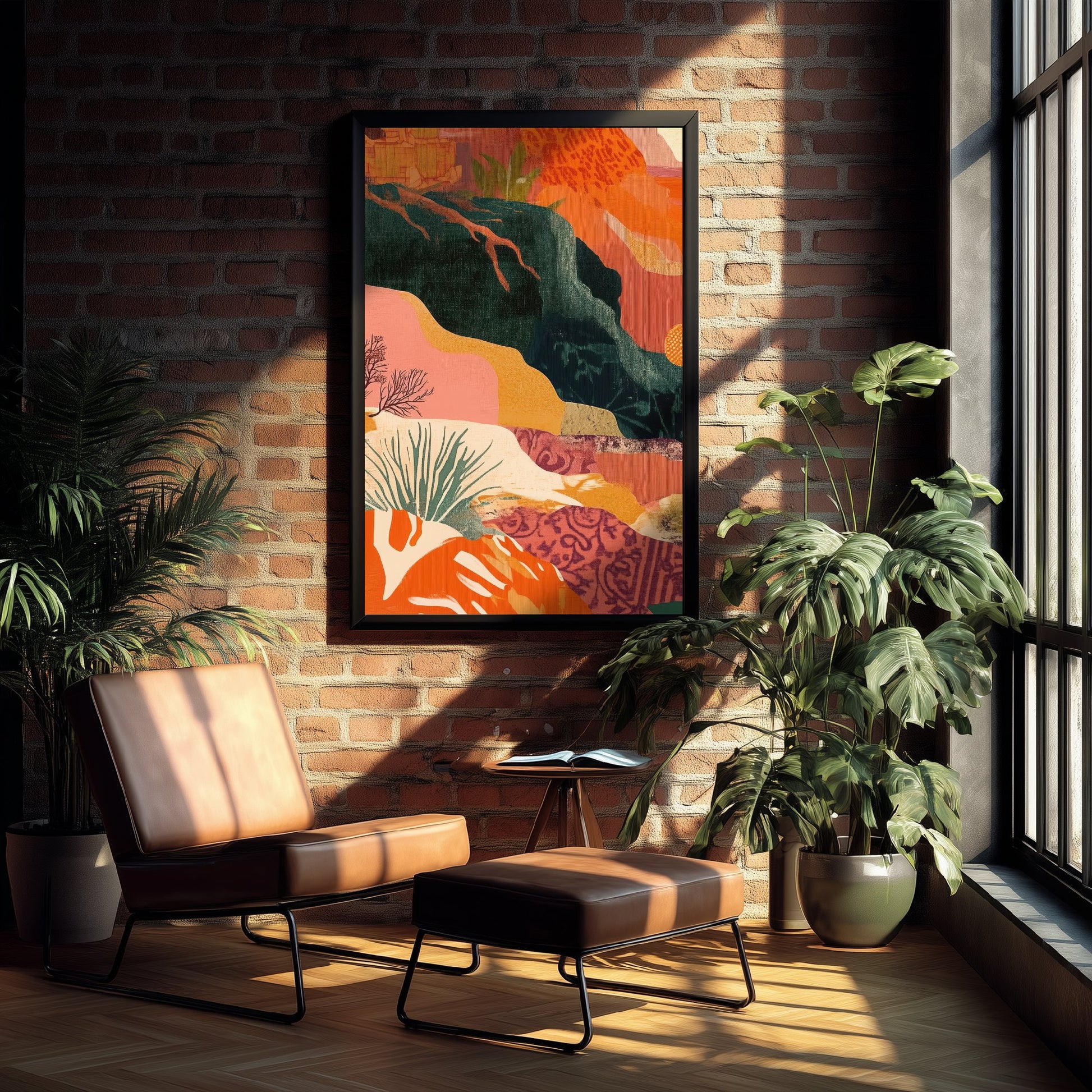 Abstract Mountain Art Print - Emerald Green Boho Landscape Poster - Mid Century Sun Painting - Green River V9 1/3