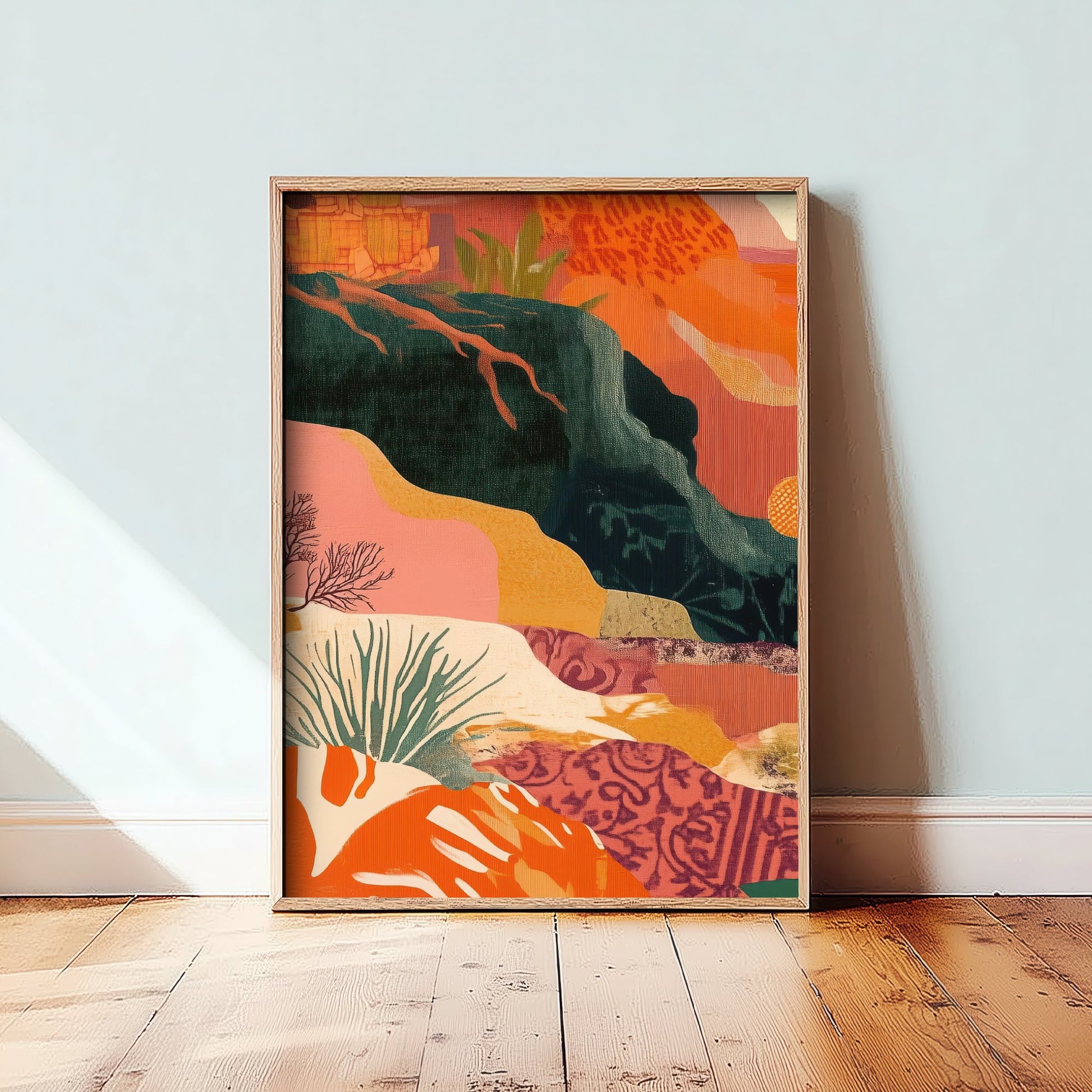 Abstract Mountain Art Print - Emerald Green Boho Landscape Poster - Mid Century Sun Painting - Green River V9 1/3