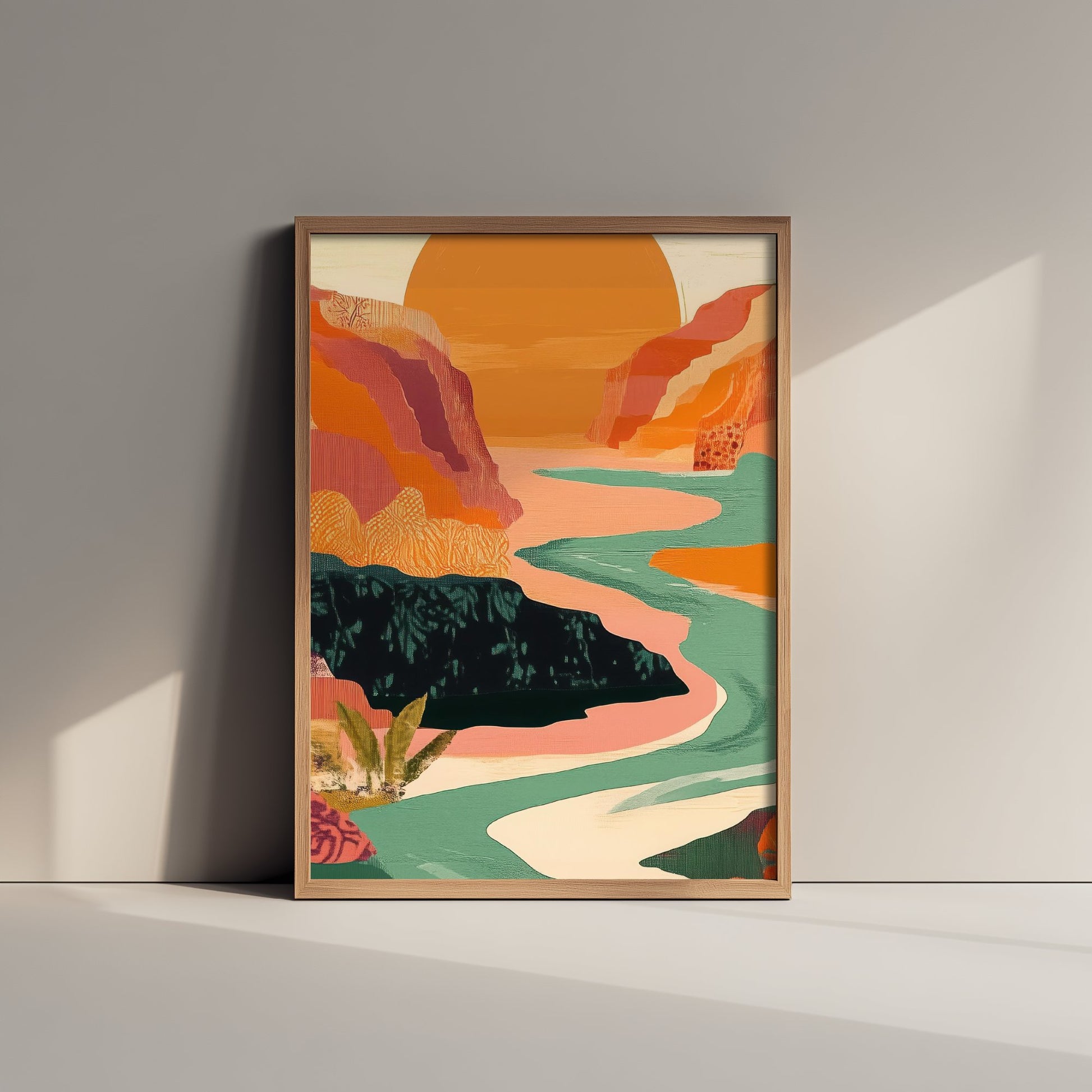 Abstract Mountain Art Print - Emerald Green Boho Landscape Poster - Mid Century Sun Painting - Big Sun Valley V9 2/3