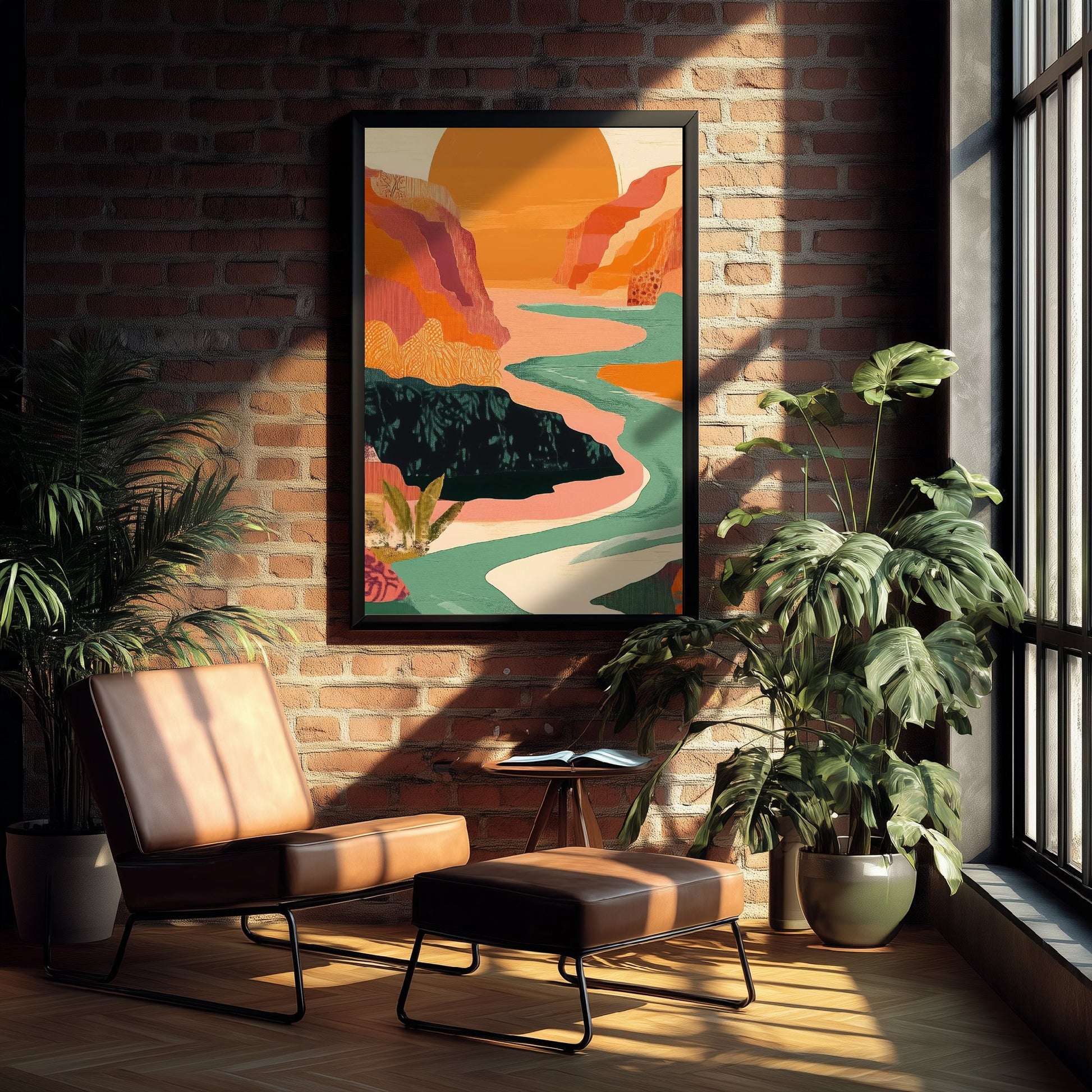 Abstract Mountain Art Print - Emerald Green Boho Landscape Poster - Mid Century Sun Painting - Big Sun Valley V9 2/3