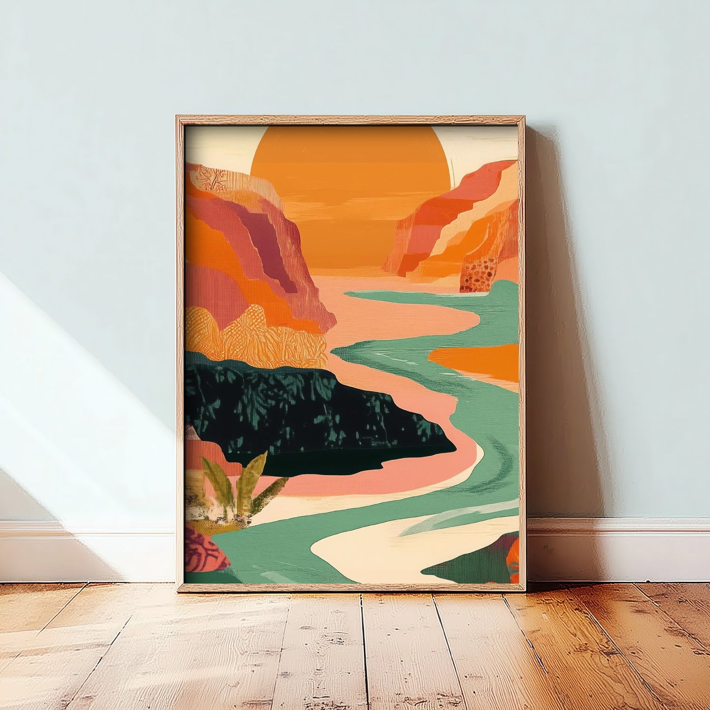 Abstract Mountain Art Print - Emerald Green Boho Landscape Poster - Mid Century Sun Painting - Big Sun Valley V9 2/3