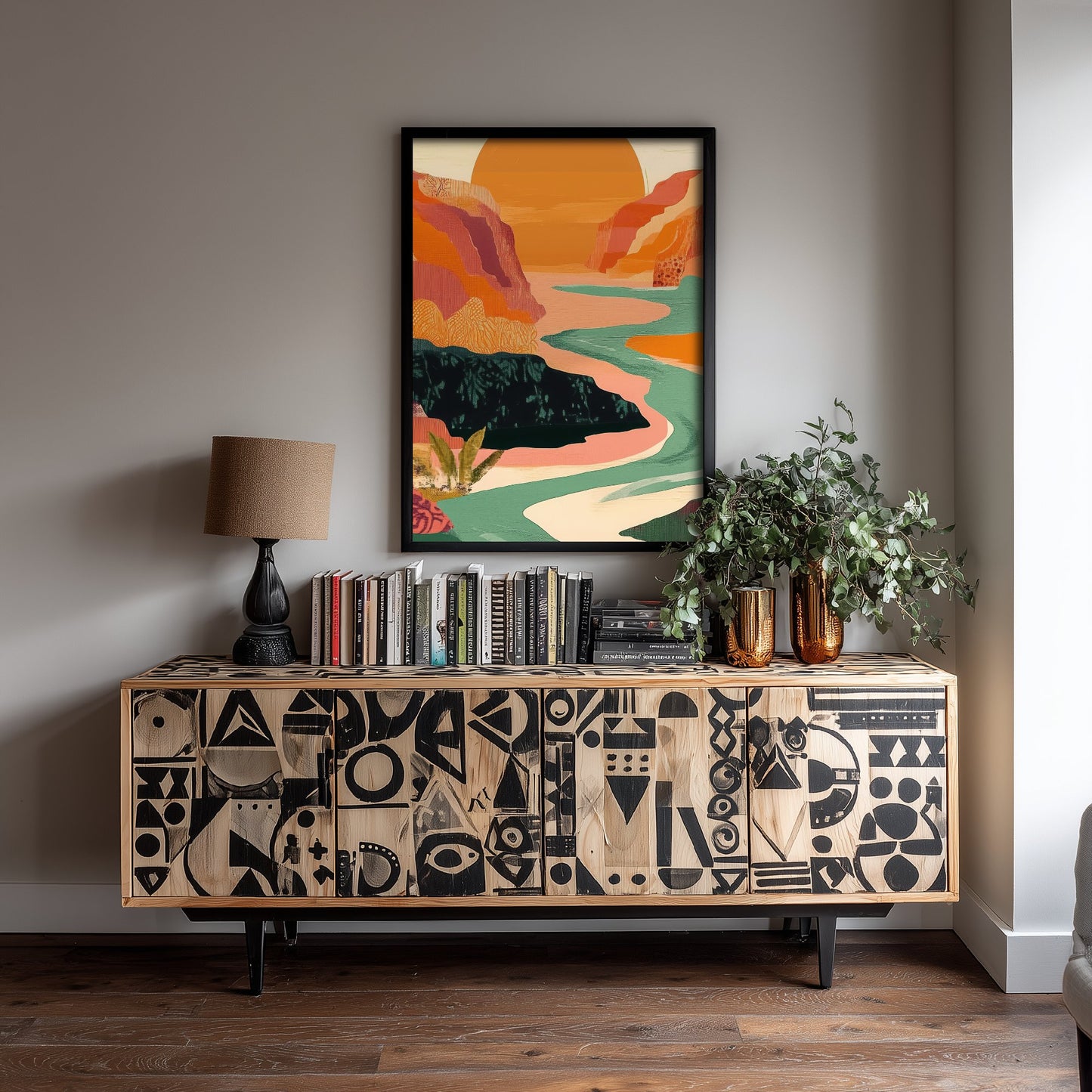 Abstract Mountain Art Print - Emerald Green Boho Landscape Poster - Mid Century Sun Painting - Big Sun Valley V9 2/3