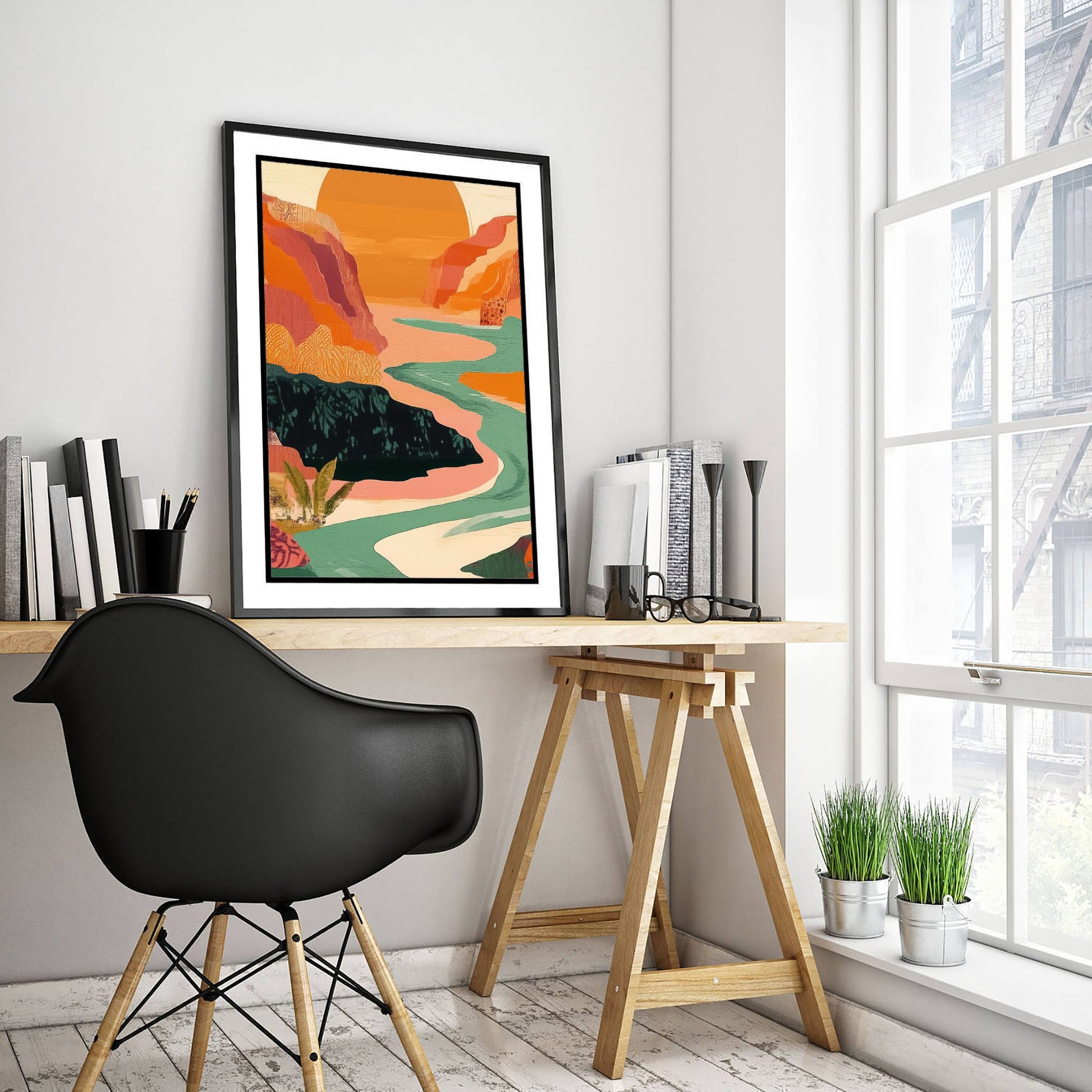 Abstract Mountain Art Print - Emerald Green Boho Landscape Poster - Mid Century Sun Painting - Big Sun Valley V9 2/3