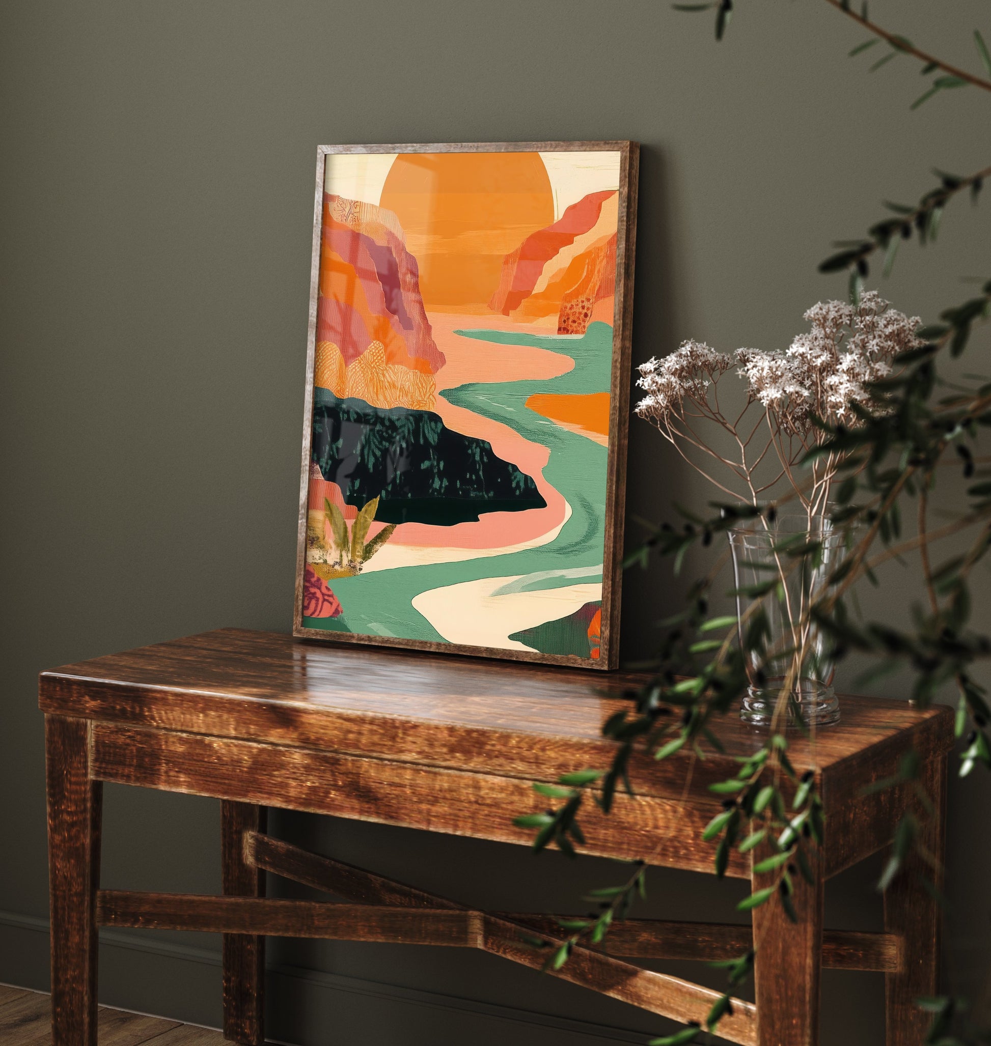 Abstract Mountain Art Print - Emerald Green Boho Landscape Poster - Mid Century Sun Painting - Big Sun Valley V9 2/3