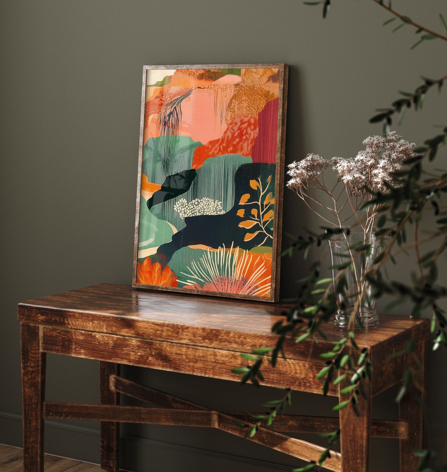 Abstract Mountain Art Print - Emerald Green Boho Landscape Poster - Mid Century Sun Painting - Emerald Cliffs V9 3/3