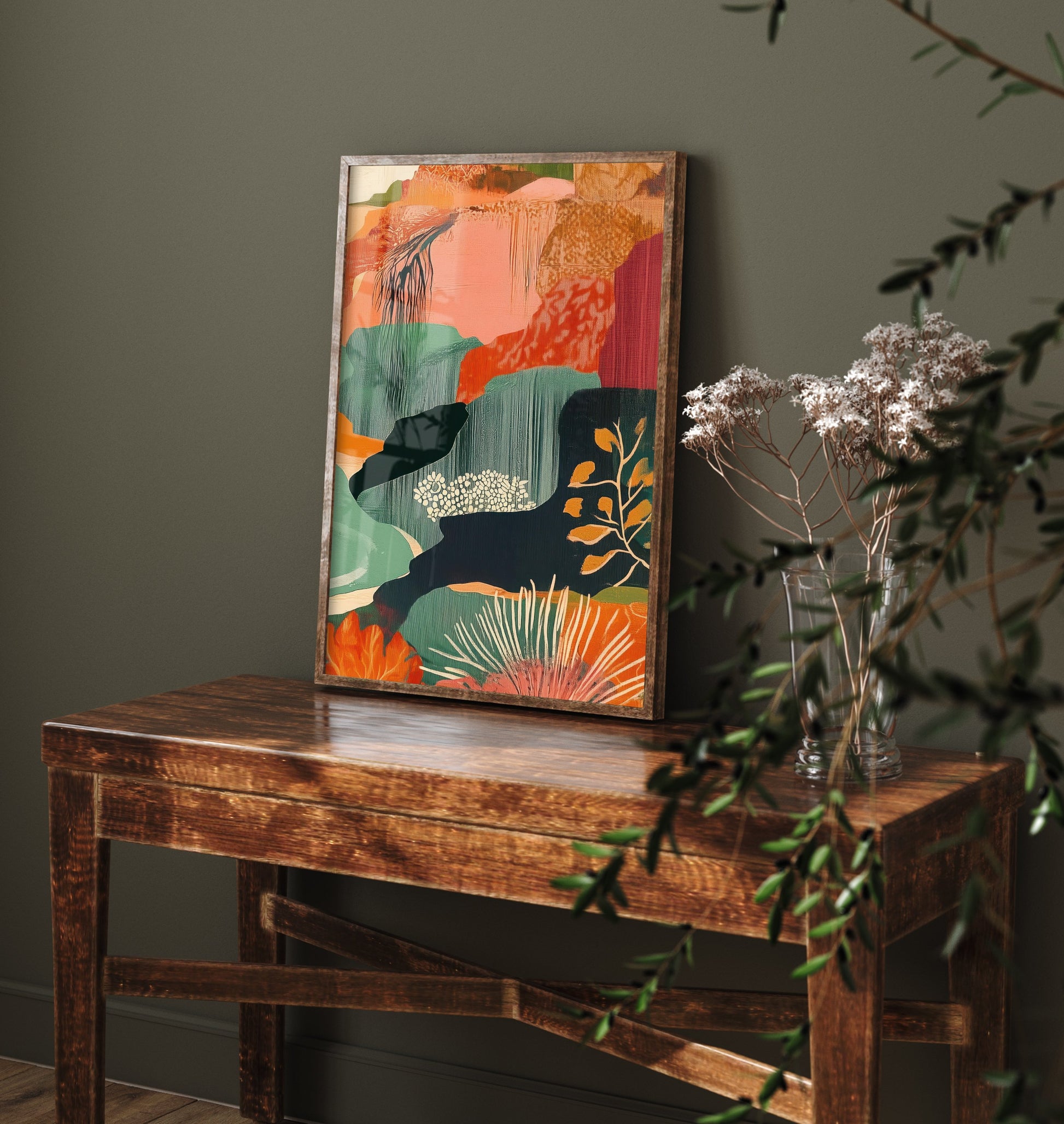 Abstract Mountain Art Print - Emerald Green Boho Landscape Poster - Mid Century Sun Painting - Emerald Cliffs V9 3/3