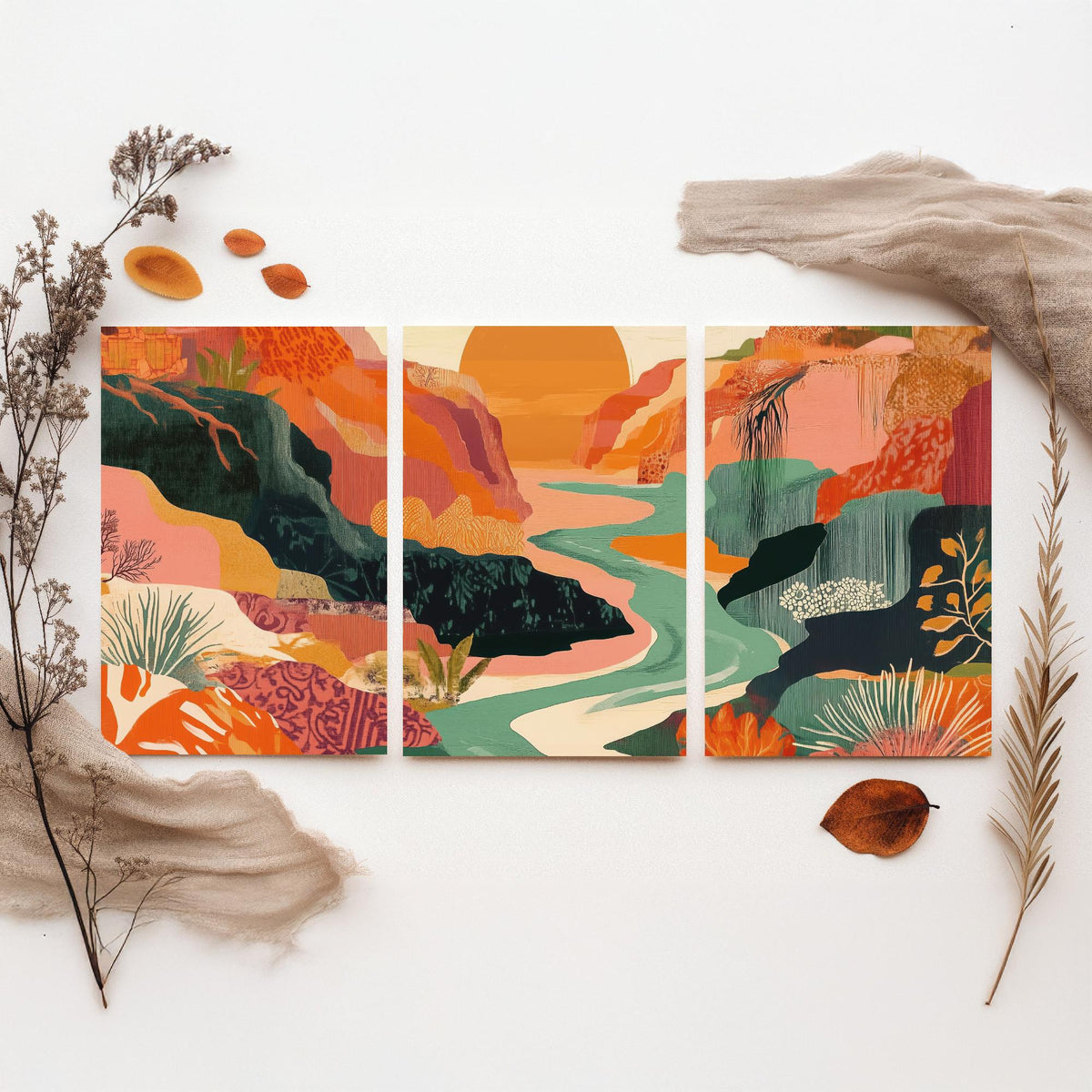 Conceptual Canyon Set of Three Prints V9 - Sunset Gorge Collage Panorama - Boho Abstract Landscape Illustration Wall Art Poster