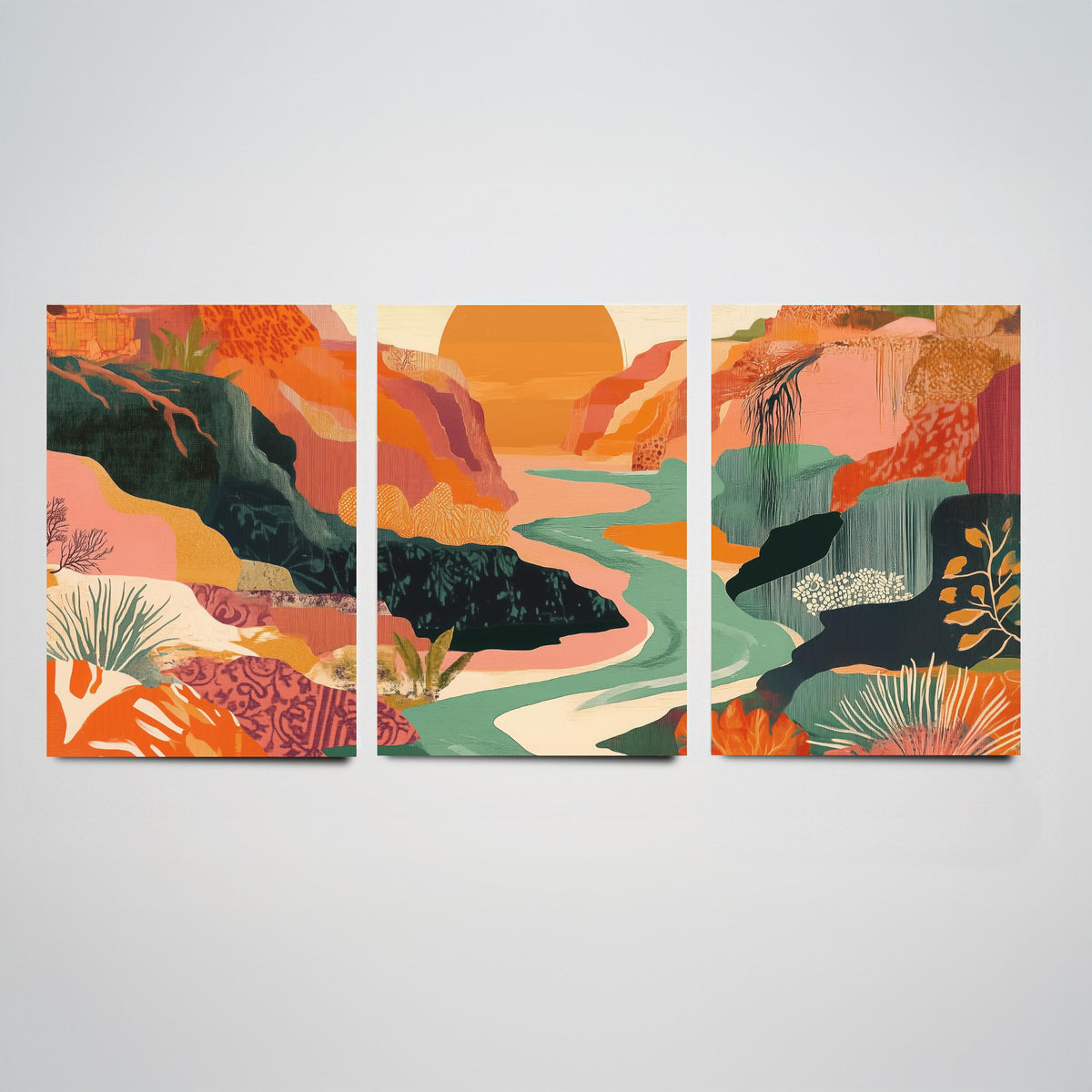 Conceptual Canyon Set of Three Prints V9 - Sunset Gorge Collage Panorama - Boho Abstract Landscape Illustration Wall Art Poster