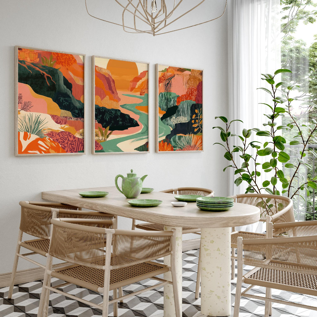 Conceptual Canyon Set of Three Prints V9 - Sunset Gorge Collage Panorama - Boho Abstract Landscape Illustration Wall Art Poster