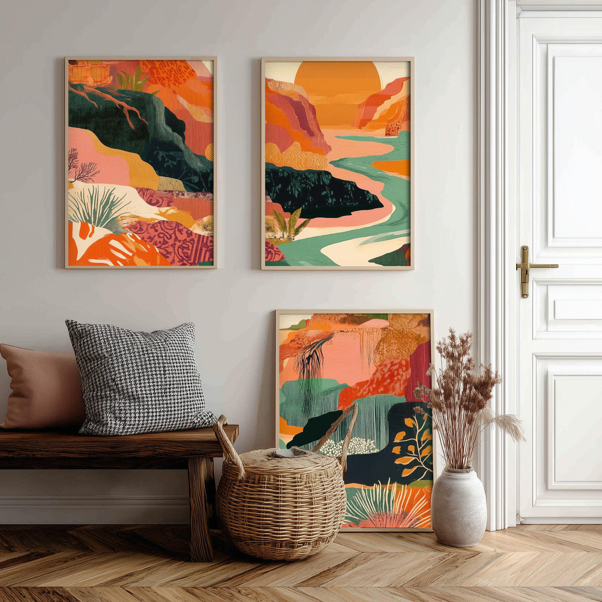 Conceptual Canyon Set of Three Prints V9 - Sunset Gorge Collage Panorama - Boho Abstract Landscape Illustration Wall Art Poster