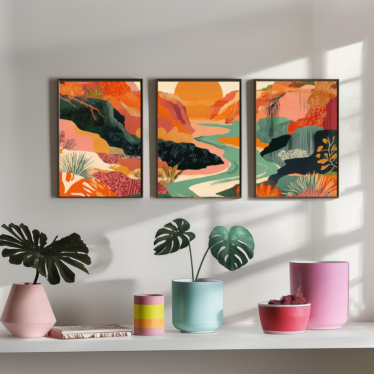 Conceptual Canyon Set of Three Prints V9 - Sunset Gorge Collage Panorama - Boho Abstract Landscape Illustration Wall Art Poster
