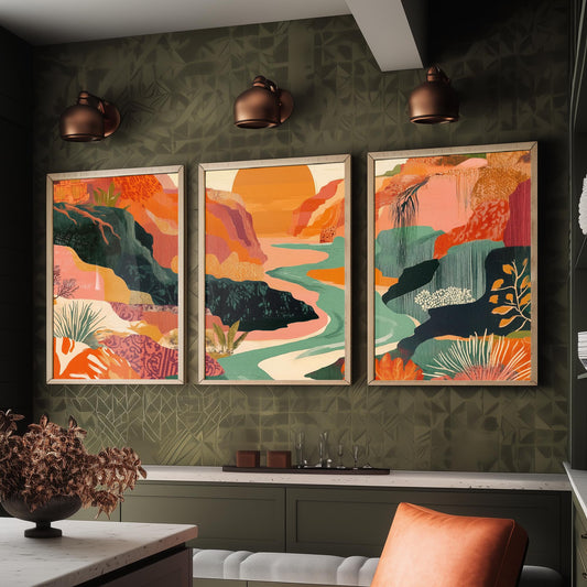 Conceptual Canyon Set of Three Prints V9 - Sunset Gorge Collage Panorama - Boho Abstract Landscape Illustration Wall Art Poster