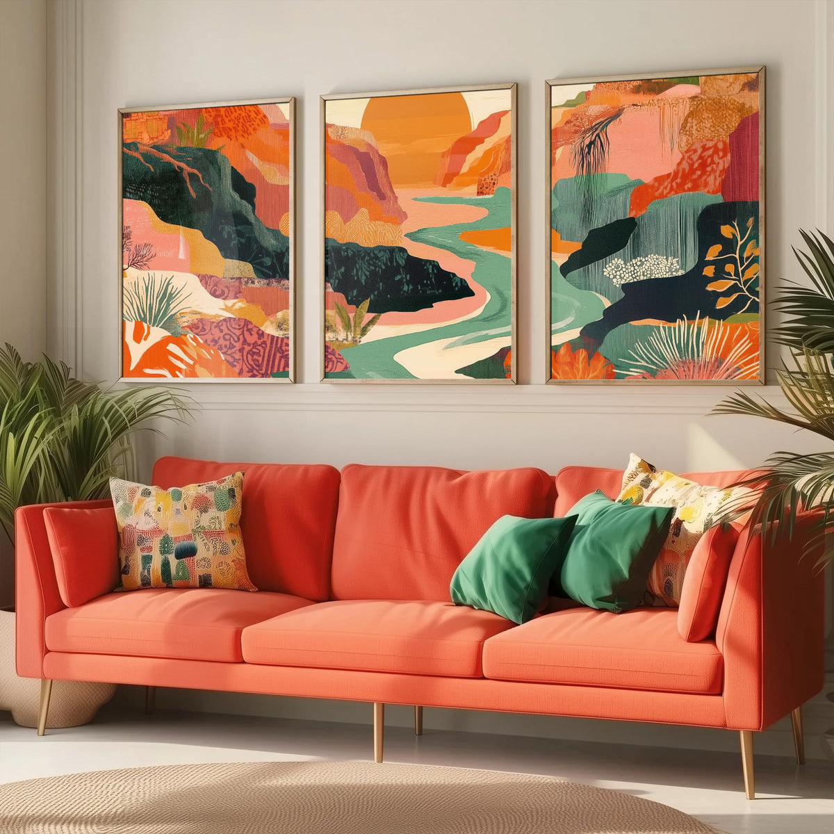 Conceptual Canyon Set of Three Prints V9 - Sunset Gorge Collage Panorama - Boho Abstract Landscape Illustration Wall Art Poster