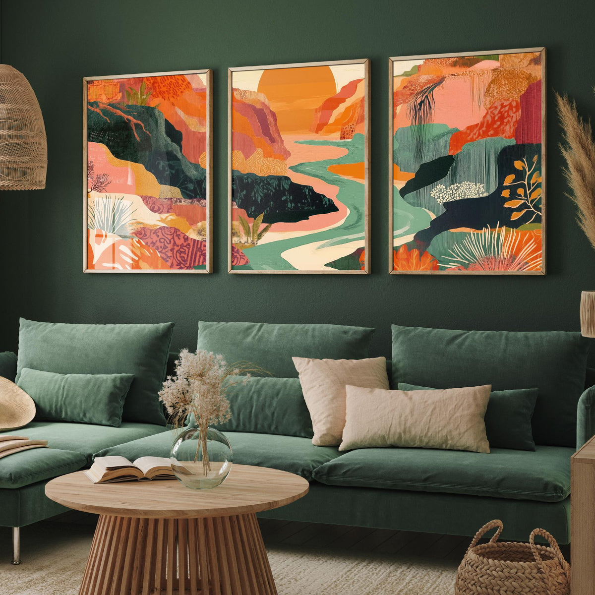 Conceptual Canyon Set of Three Prints V9 - Sunset Gorge Collage Panorama - Boho Abstract Landscape Illustration Wall Art Poster