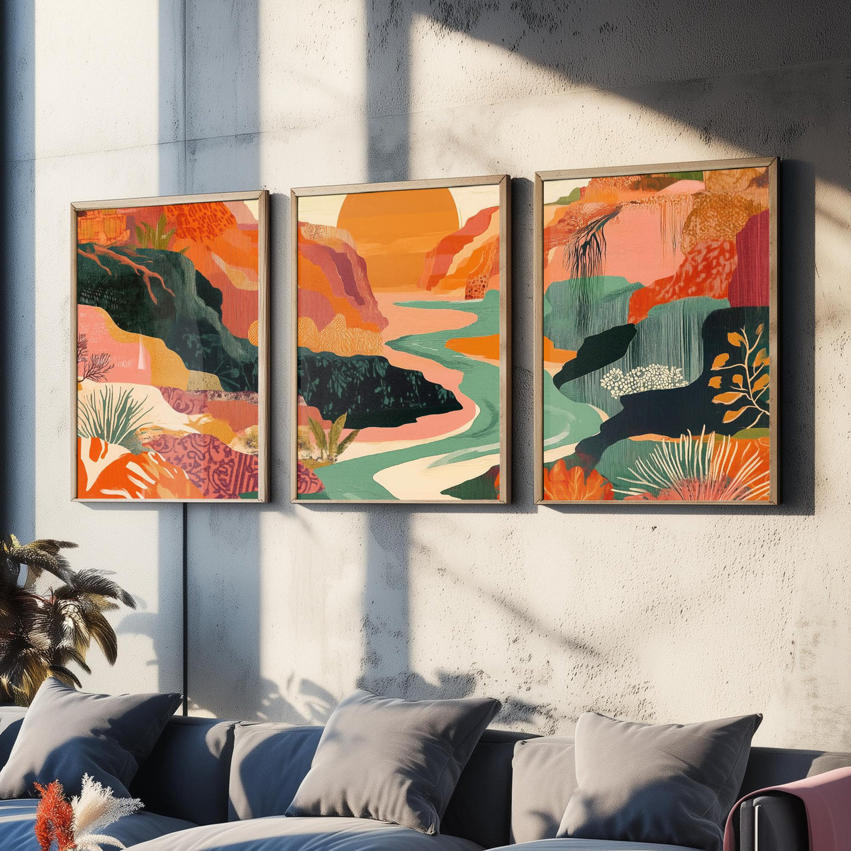 Conceptual Canyon Set of Three Prints V9 - Sunset Gorge Collage Panorama - Boho Abstract Landscape Illustration Wall Art Poster