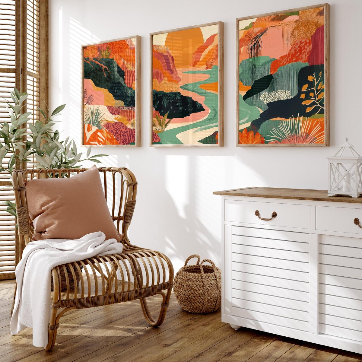 Conceptual Canyon Set of Three Prints V9 - Sunset Gorge Collage Panorama - Boho Abstract Landscape Illustration Wall Art Poster
