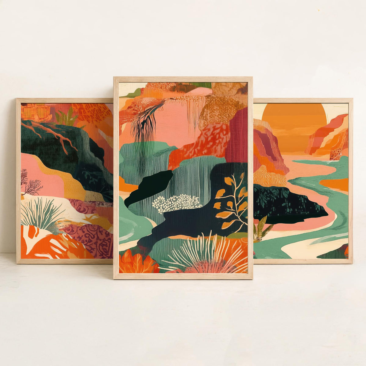 Conceptual Canyon Set of Three Prints V9 - Sunset Gorge Collage Panorama - Boho Abstract Landscape Illustration Wall Art Poster